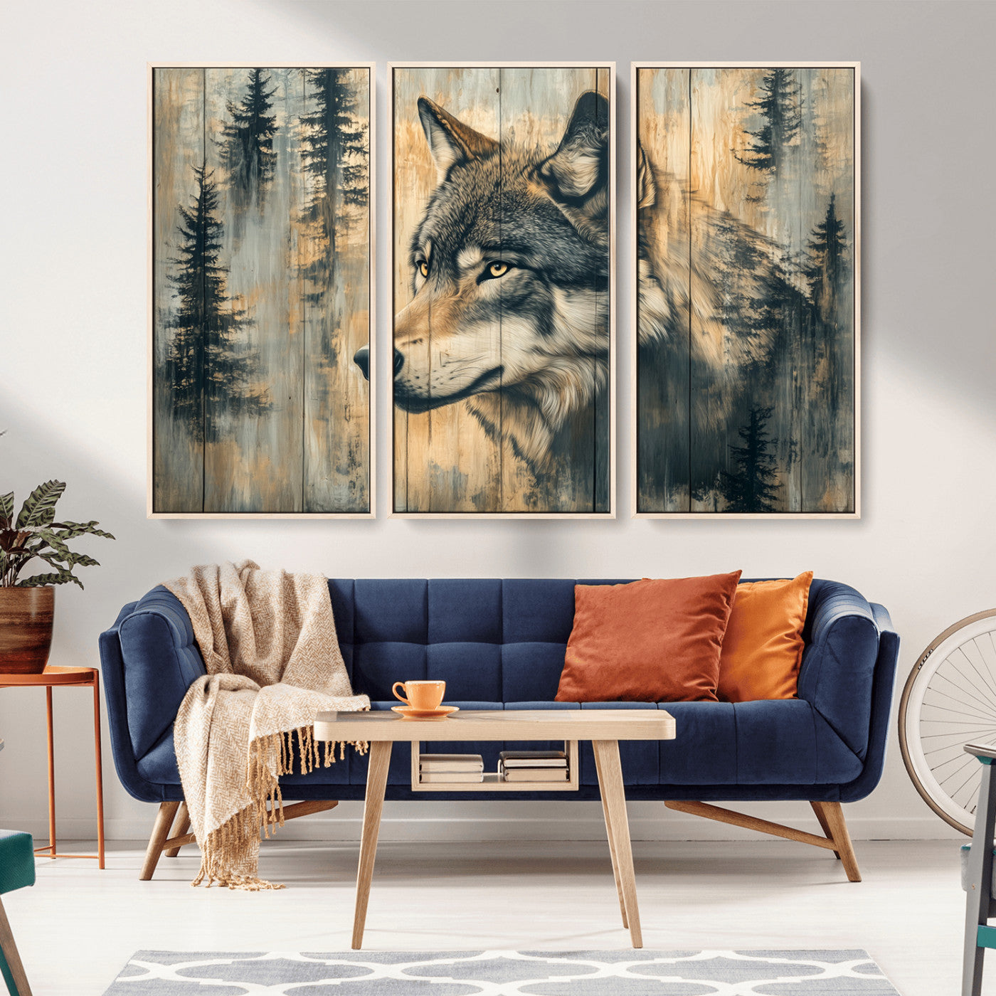 MGV-FC-48X32-3P - Wood Style Rustic Wolf Wall Art Canvas Print, Vintage Woodland Wolf Wall Art, Framed Wood Style Wolf