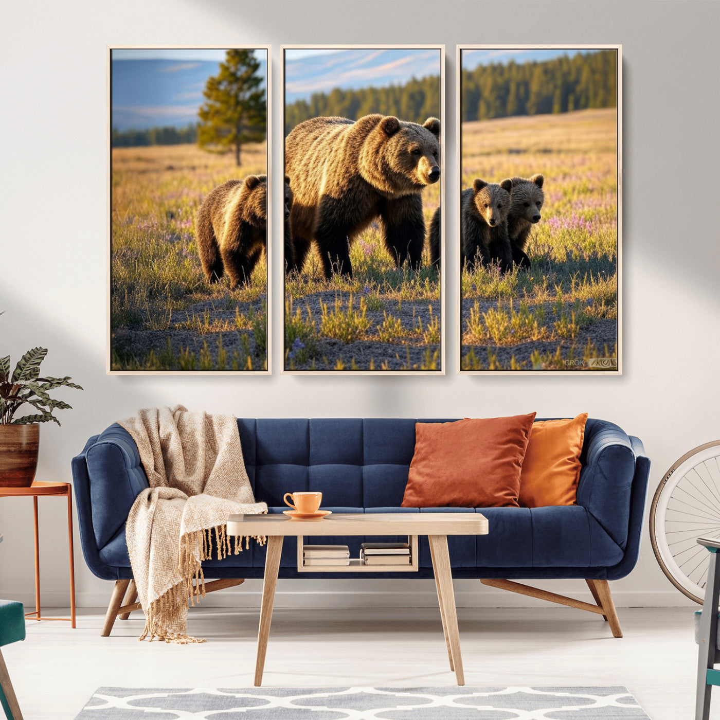 MGV-FC-48X32-3P - Grizzly 399 in Wild Flowers Wall Art Canvas Print, Grizzly Bears Wall Art, Queen of Grand Teton