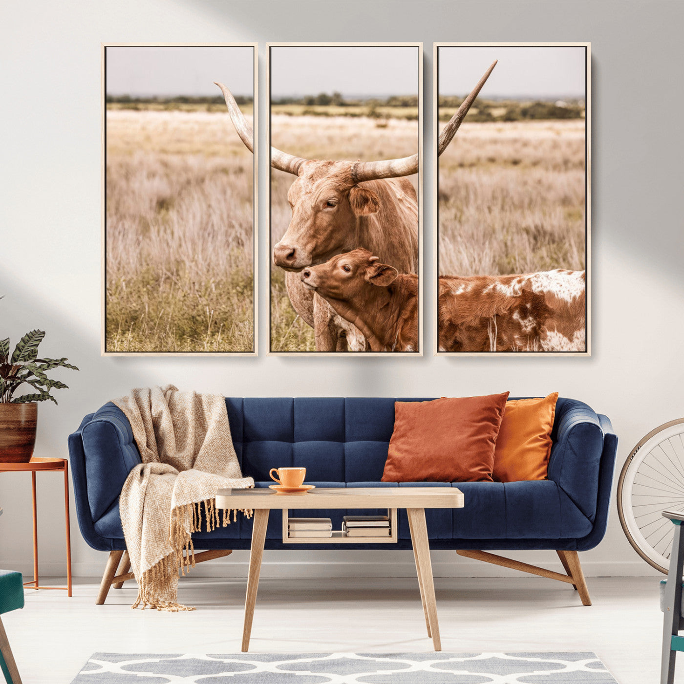 MGV-FC-48X32-3P - Texas Longhorn Cow Wall Art Canvas Print for Farmhouse Wall Art, Texas Decor, Western Wall Art Print