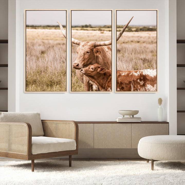 60320-MGV-FC-60X40-3P_Natural-Texas Longhorn Cow Wall Art Canvas Print for Farmhouse Wall Art, Texas Decor, Western Wall Art Print
