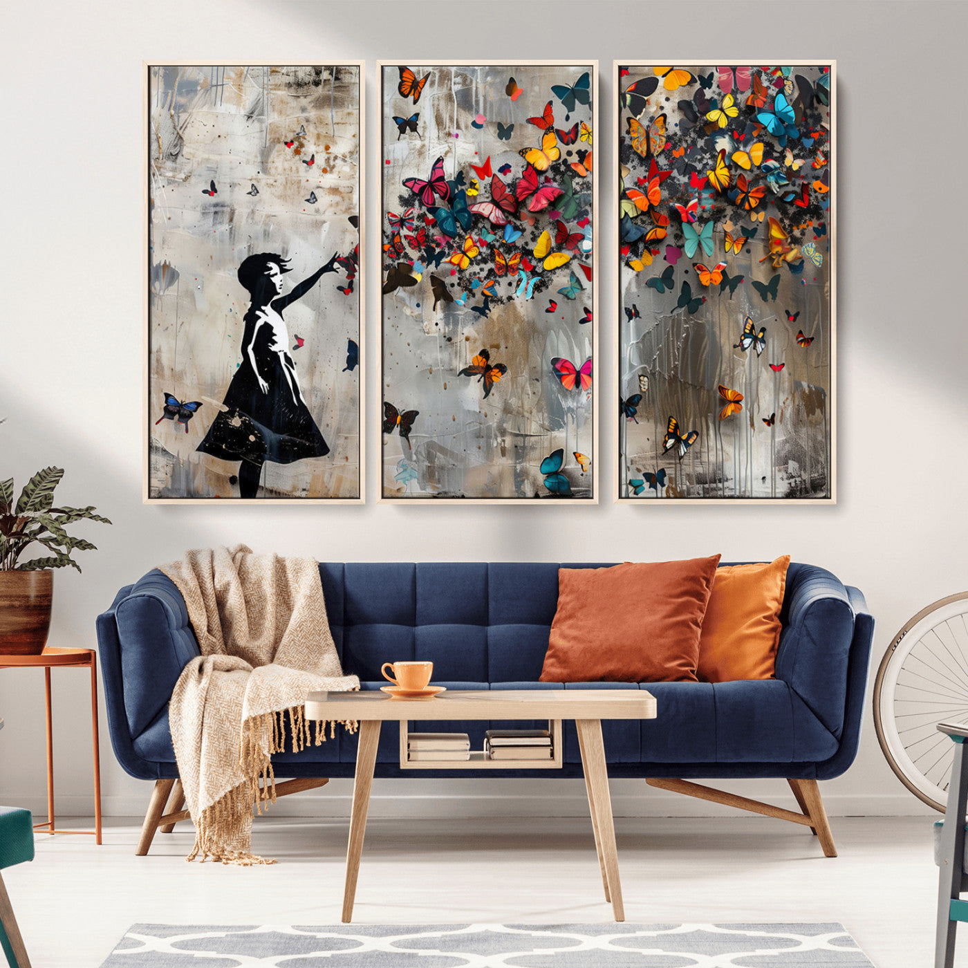 MGV-FC-48X32-3P - Framed Banksy Butterfly Girl Wall Art ,3-Piece Butterfly Girl Canvas, Modern Graffiti Canvas Print