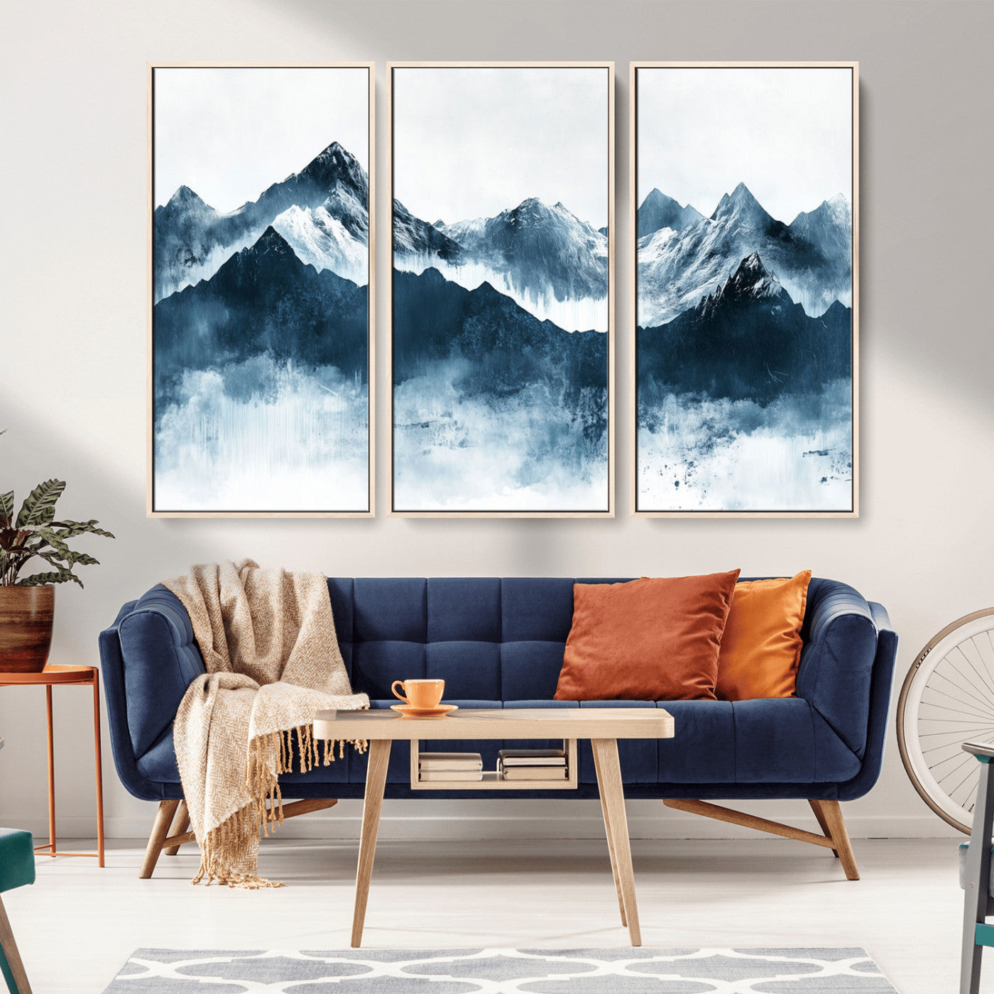 Abstract blue-toned canvas of snowy mountains in misty tones, ideal for minimalist or moody alpine-inspired home decor.