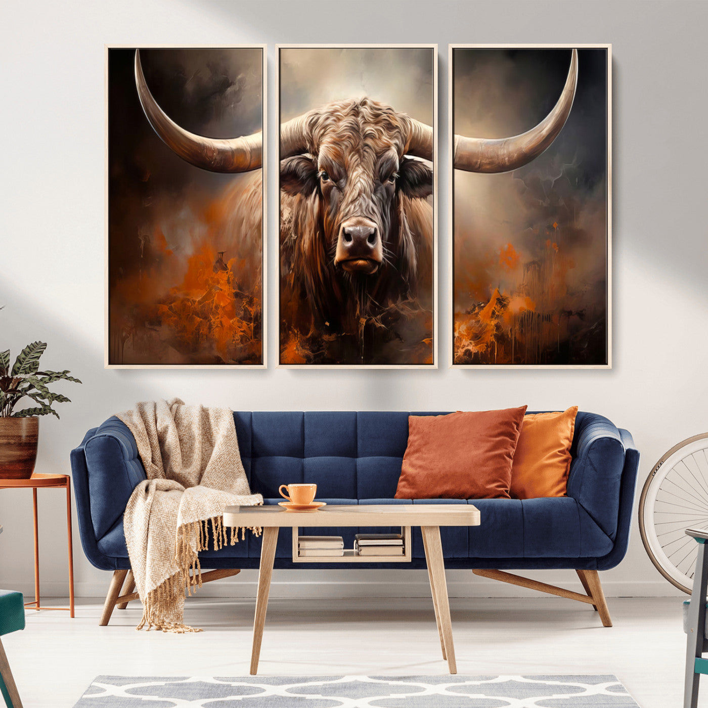 MGV-FC-48X32-3P - Highland Bull Canvas Abstract Canvas Wall Art Print – Powerful Highland Bull with Striking Horns in