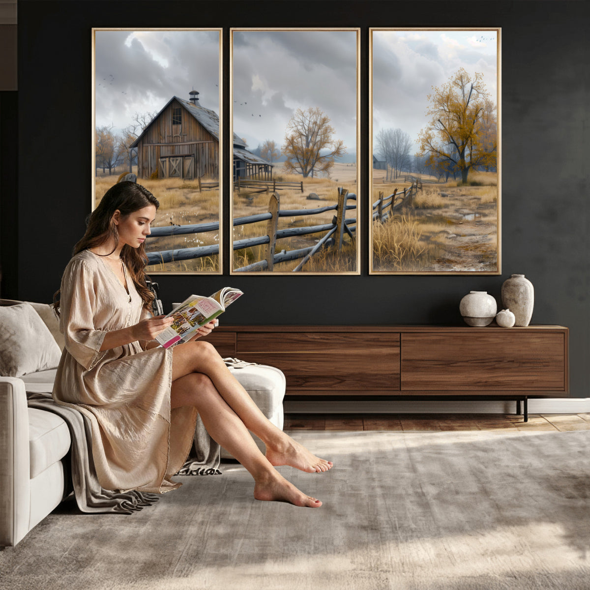 Farm1-MGV-CV-36X24 - Rustic Autumn Farmhouse Wall Art Canvas Print | Serene Countryside with Weathered Barn