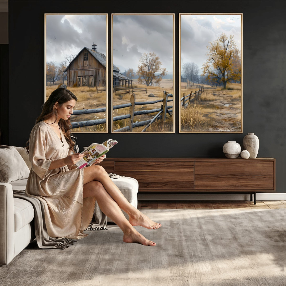 Farm1-MGV-CV-24X16 - Rustic Autumn Farmhouse Wall Art Canvas Print | Serene Countryside with Weathered Barn