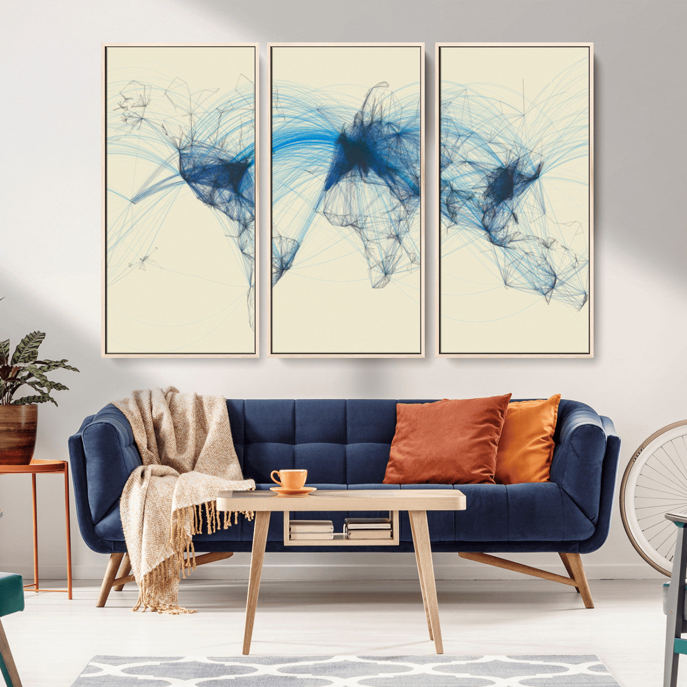 MGV-FC-48X32-3P - Flight Routes Map art Air Traffic Avi World Map with Blue Connections Canvas Wall Art – Modern