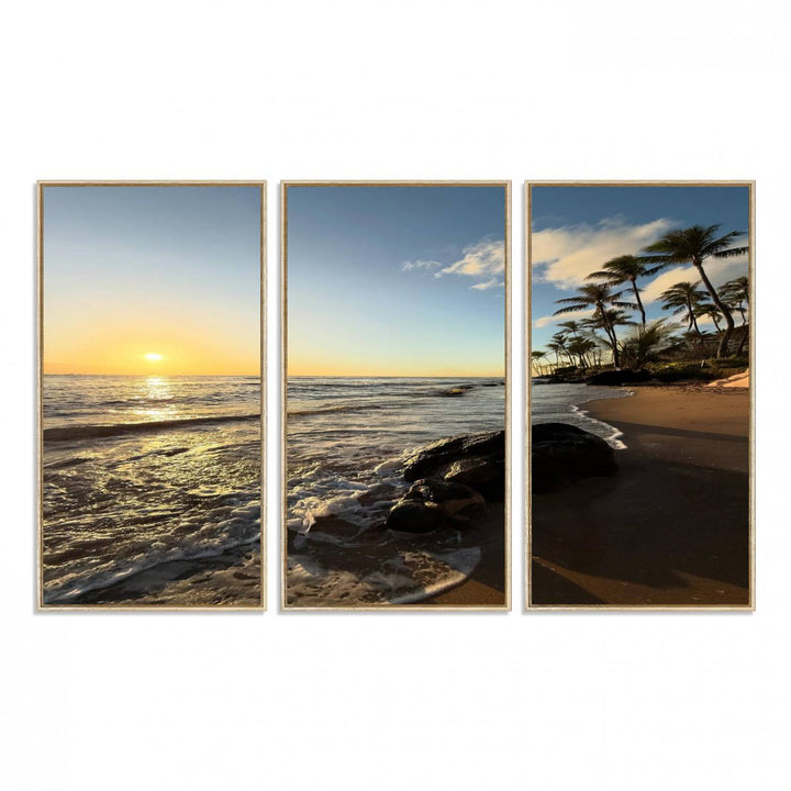 A serene tropical sunset on canvas, featuring palms and waves, serves as perfect Tropical Beach Wall Art for home or office decor.