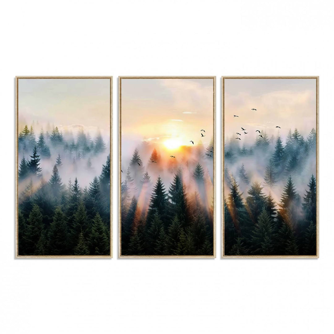 Sunrise over a misty forest with rays filtering through trees in the Abstract Forest Wall Art featuring soaring birds.