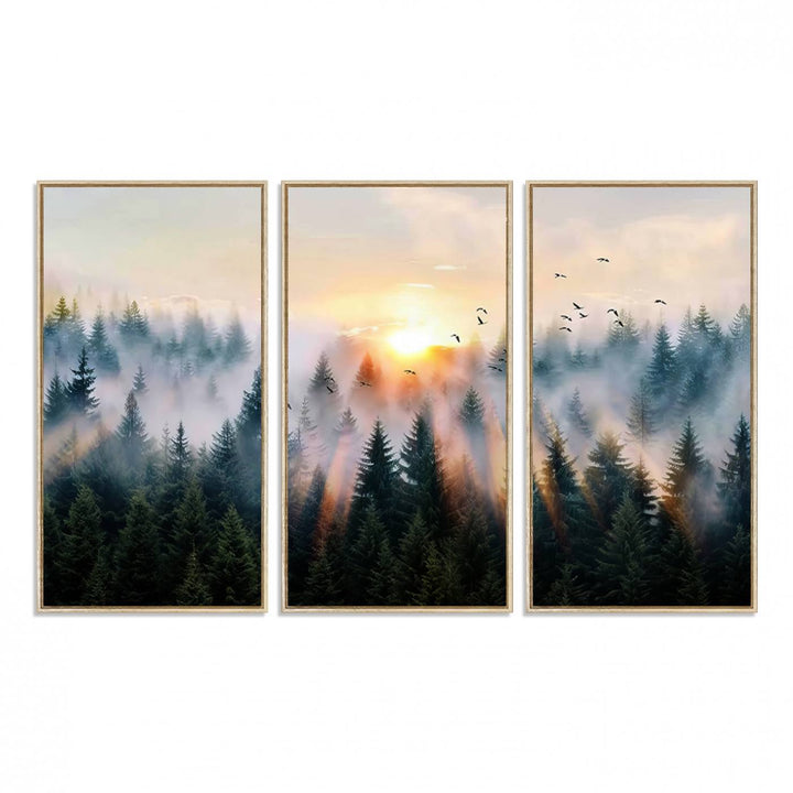 Sunrise over a misty forest with rays filtering through trees in the Abstract Forest Wall Art featuring soaring birds.