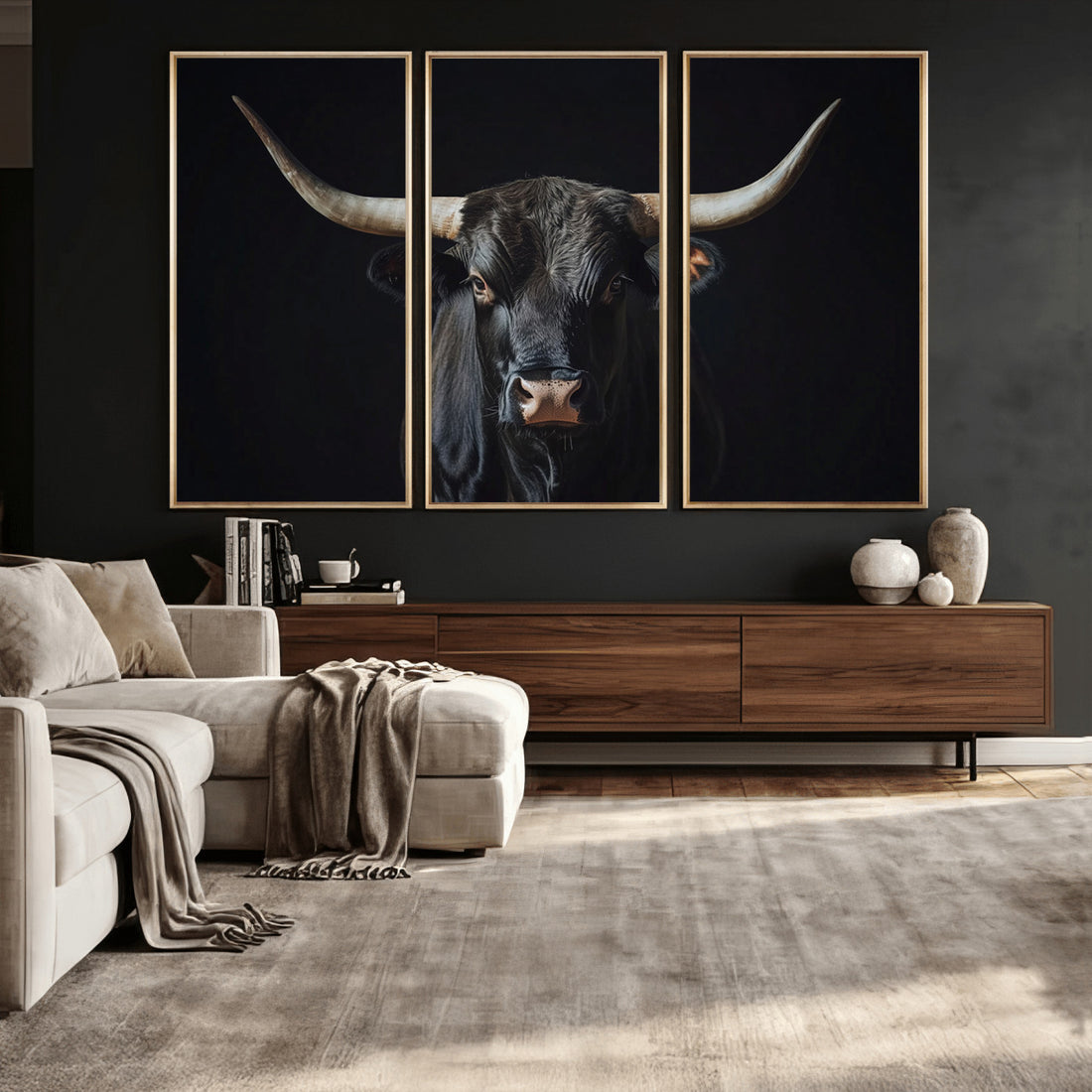 Majestic Longhorn Bull Wall Art Canvas Print | Dark Background Western Portrait