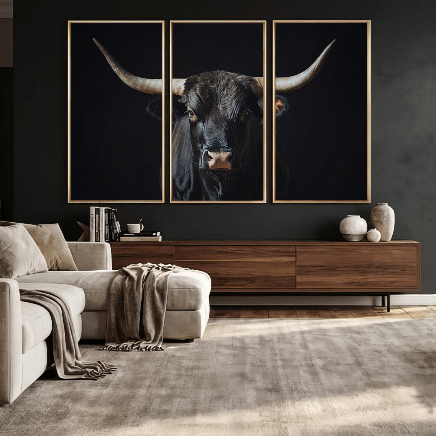 48065167-MGV-CV-36X24 - Texas Longhorn Bull Wall Art Canvas Print – Western Black Bull Art Print for Farmhouse Ranch Decor