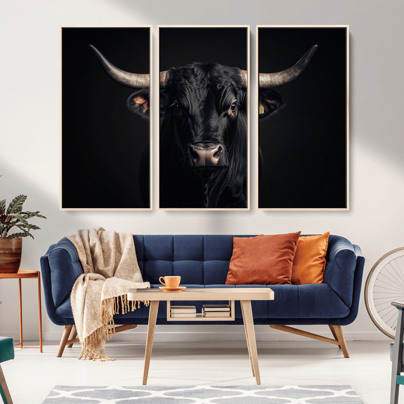 Canvas featuring a black horned bull in moody lighting on a dark background, perfect for western or rustic farmhouse-style home decor.