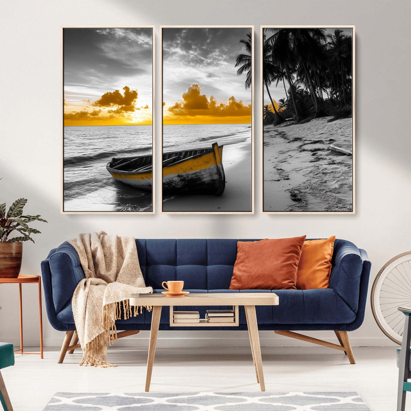 Canvas of a yellow rowboat on a black and white tropical beach with golden sunset sky, ideal for coastal or tropical-themed home decor.