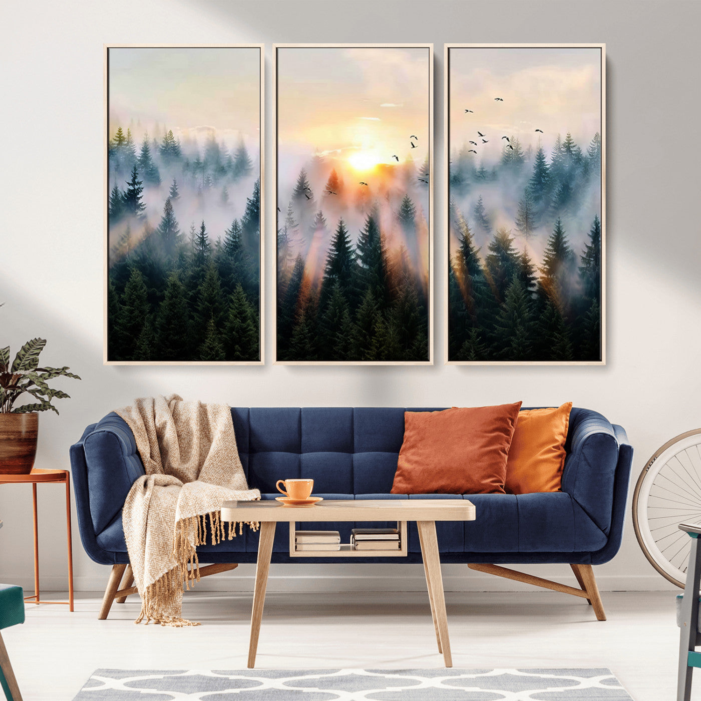 Canvas of a misty pine forest at sunrise with birds flying through golden morning rays, perfect for serene and moody woodland-style home decor.