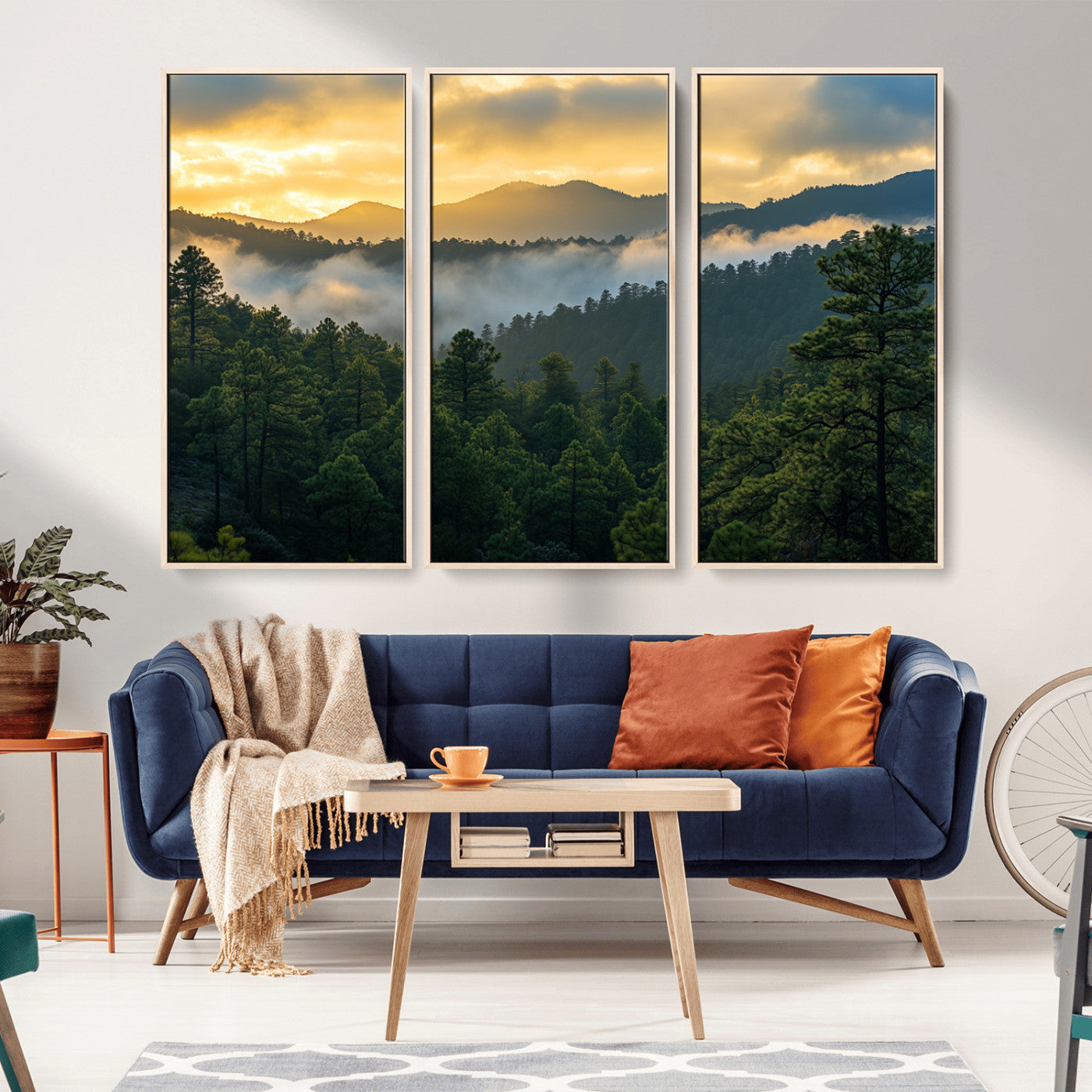Canvas of misty pine-covered mountains at sunrise, featuring golden light and fog layers, ideal for tranquil earthy home decor.