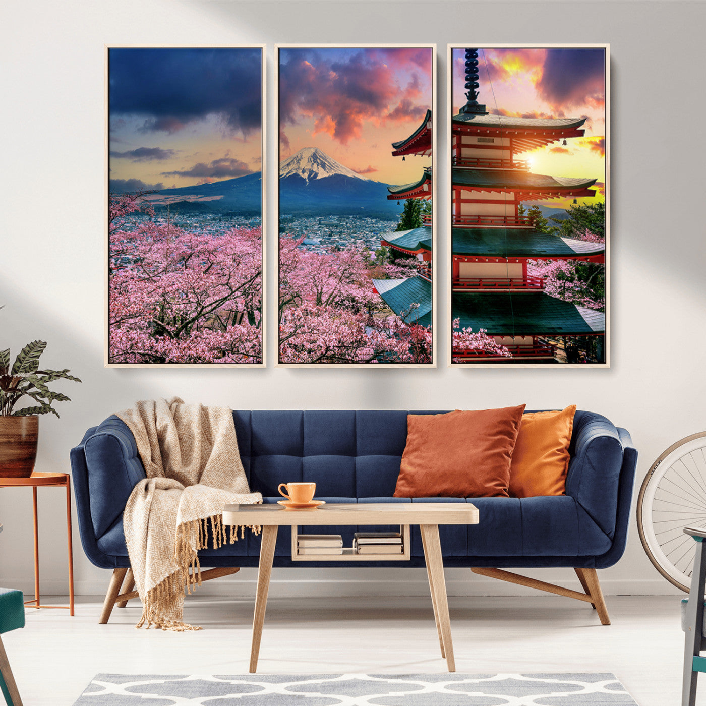 MGV-FC-48X32-3P - Mount Fuji & Cherry Blossom Wall Art Canvas Print – Iconic Japanese Landscape, Sakura Pagoda Sunset,