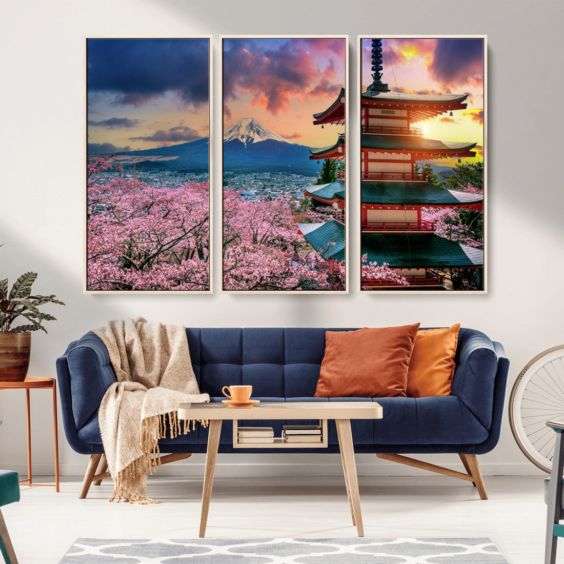 Mount Fuji Cherry Blossom Wall Art Canvas Print, Framed Japanese Landscape, Sakura Pagoda Sunset