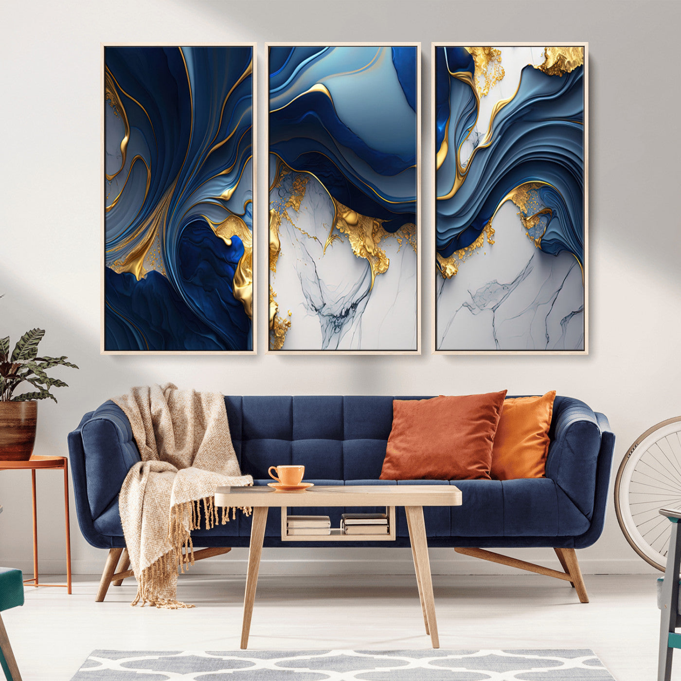 Canvas art with swirling blue marble and gold textures, ideal for elegant glam or modern luxury interior design settings.