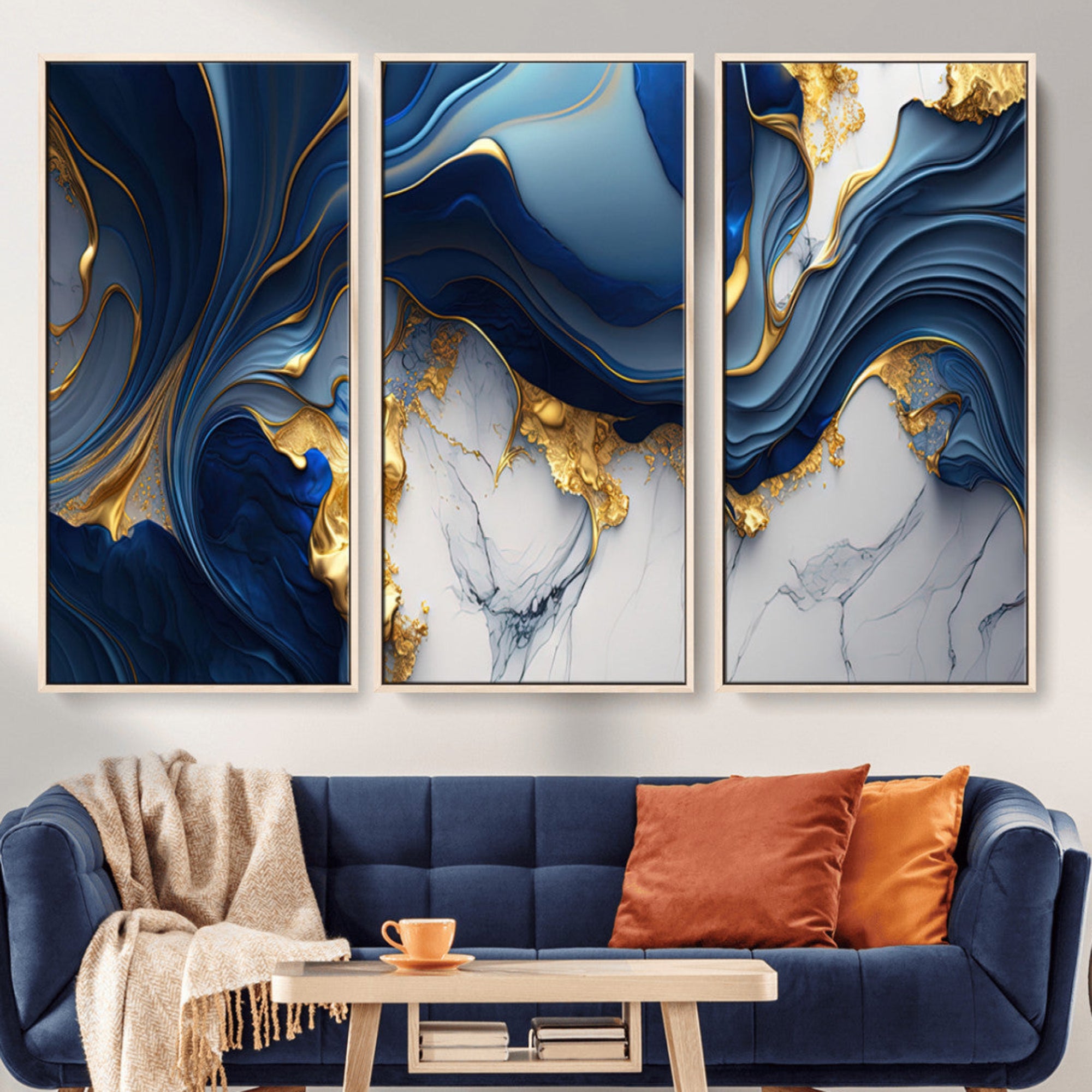 59970794-MGV-FC-48X32-3P_Natural-Blue Marble Wall Art Canvas Print – Framed Gold Veins Abstract Flow Elegant Modern Artwork for Home, Office