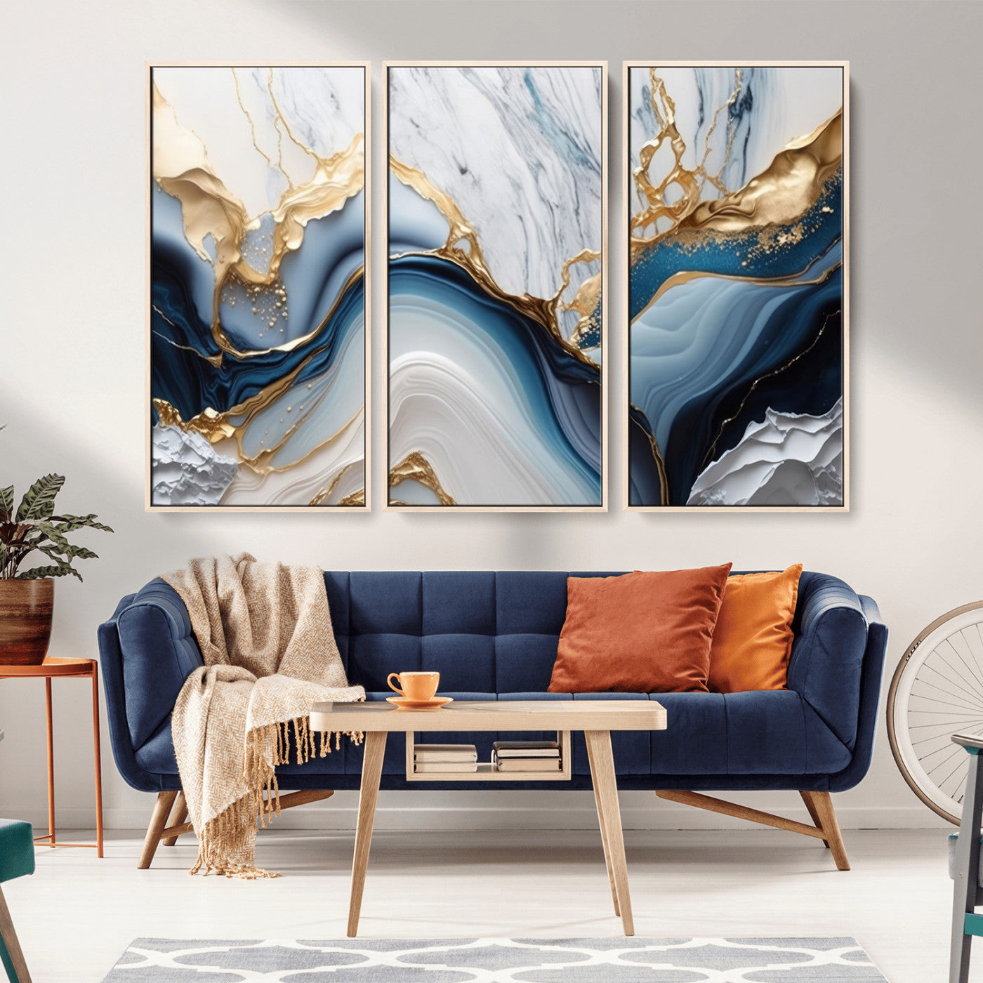 Abstract canvas with blue marble textures and flowing gold veins, ideal for modern luxury or coastal-inspired interior decor.