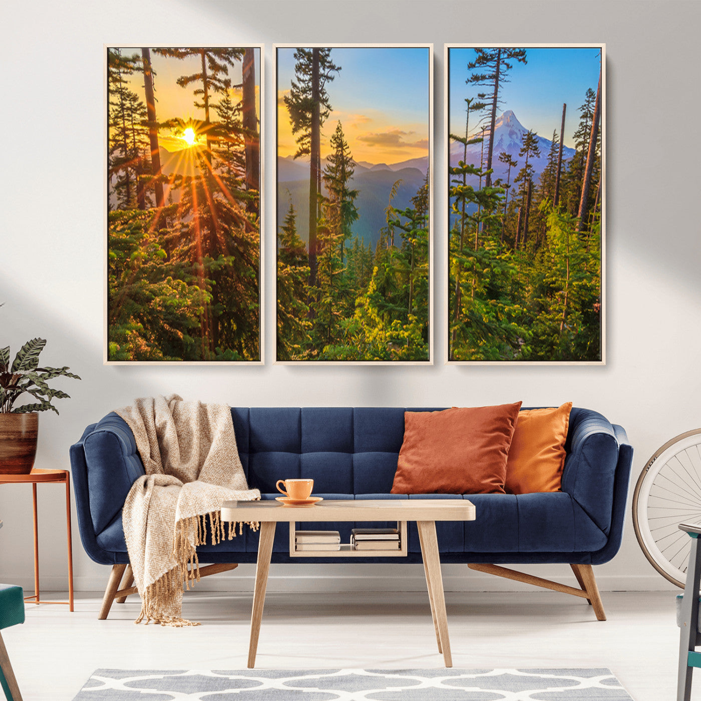 Colorful canvas of Mount Hood and Oregon forest at sunset, featuring sunburst light and lush pine trees for rustic nature decor.