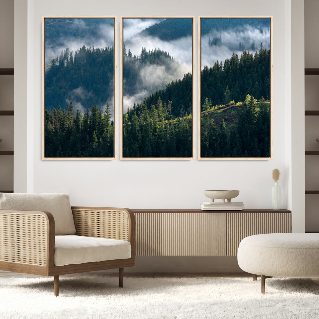 Moody canvas of misty pine forests over layered hills, perfect for cool-toned nature-inspired or woodland-style home decor.