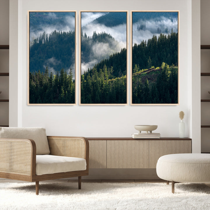 Moody canvas of misty pine forests over layered hills, perfect for cool-toned nature-inspired or woodland-style home decor.