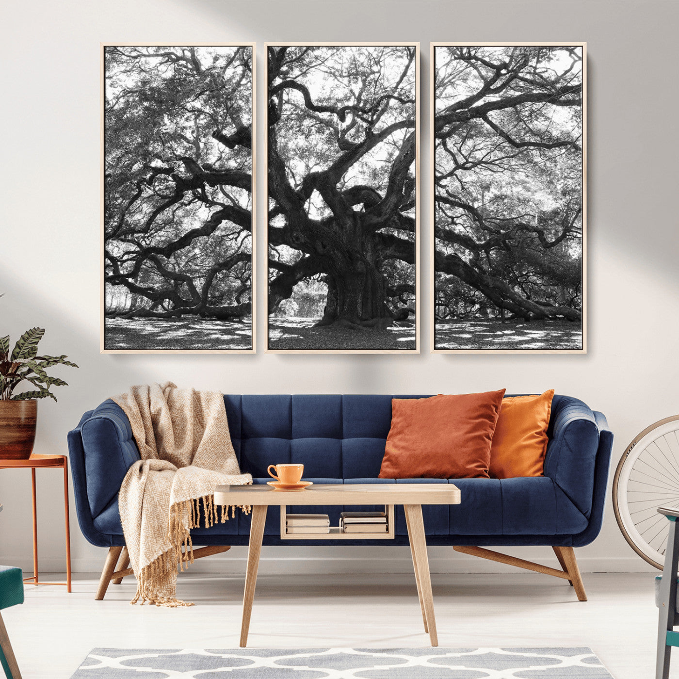 Black and white canvas of an ancient oak tree with sprawling, twisted branches, ideal for moody nature-inspired or rustic decor.