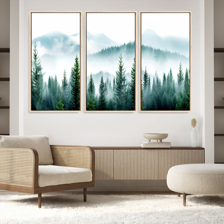 16716676-MGV-FC-48X32-3P-Pine Forest Wall Art Canvas Print, Framed Misty Mountains Art Picture Print, Foggy Trees Perfect Moody Forest Decor Artwork