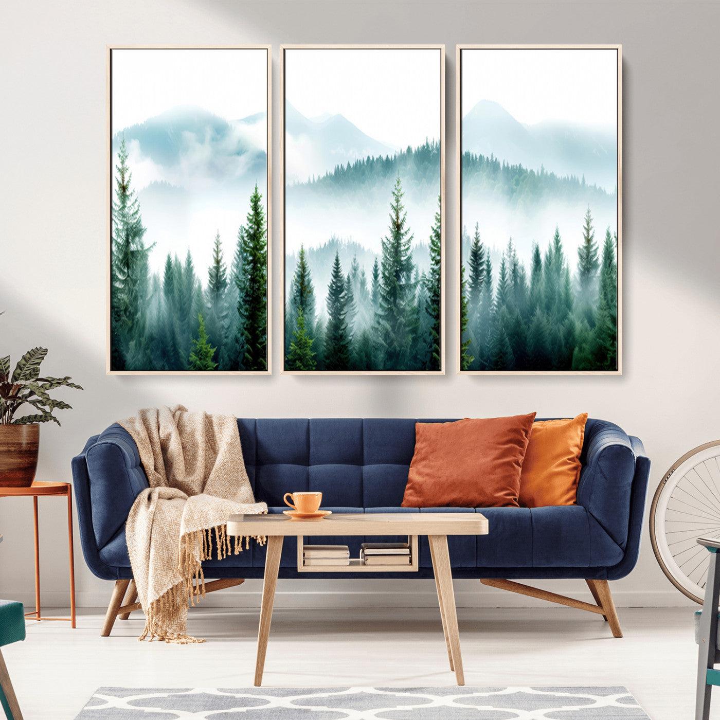 Canvas of pine forest and misty mountain layers in cool tones, perfect for moody forest or serene nature-inspired home decor.
