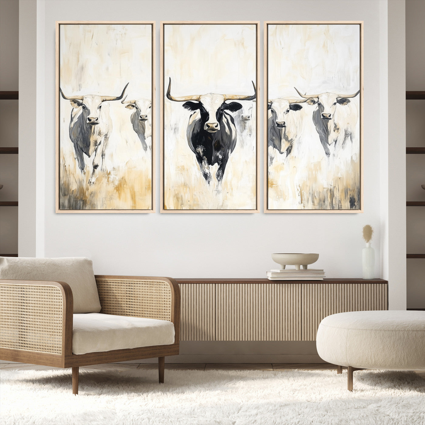40397799-MGV-FC-48X32-3P-Texas Longhorn Canvas Print, Framed Rustic Herd Art Picture Print, Western Bull Perfect Neutral Western Decor