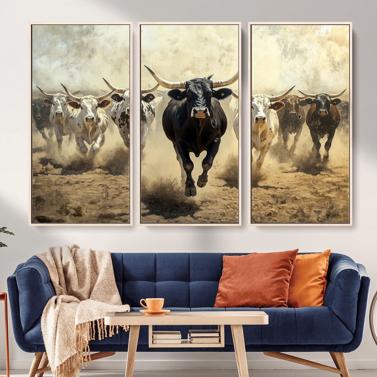 MGV-FC-48X32-3P - Running Cattle Wall Art – Canvas Print of Western Herd, Dust Stampede, Longhorns, Wild West Ranch, Bold Rustic Farm Decor for Home or Office