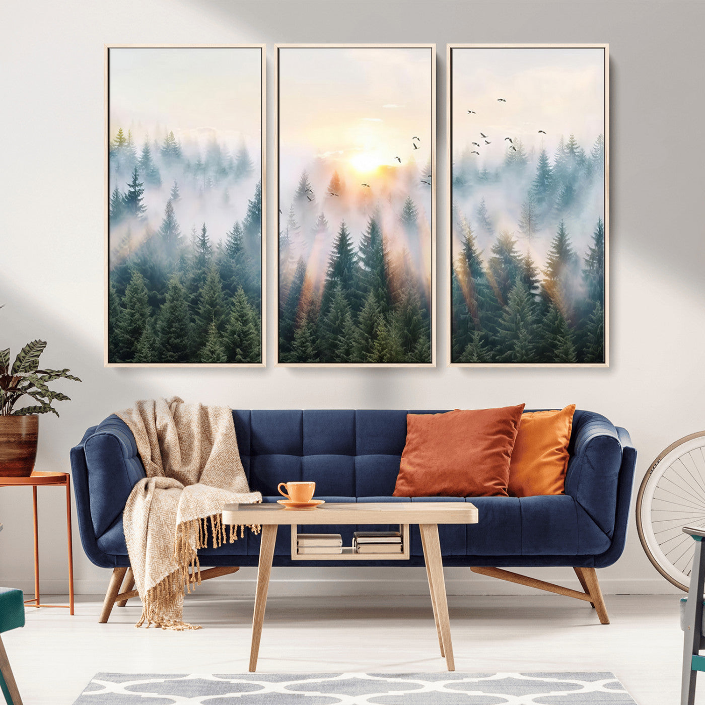 MGV-FC-48X32-3P - Misty Pine Forest Wall Art Canvas, Sunrise Over Foggy Trees Canvas for Home - Office, Framed