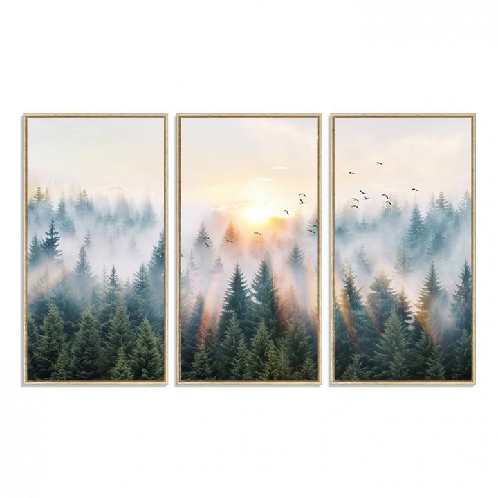 Misty Pine Forest Wall Art: A depiction of sunrise over foggy trees and birds against a bright sky; a framed woodland scene ideal for home or office decor.