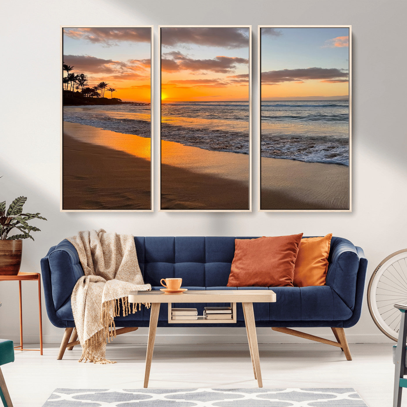 Canvas of a tropical beach at sunset with golden reflections and palm trees, perfect for vibrant coastal or island-style decor.
