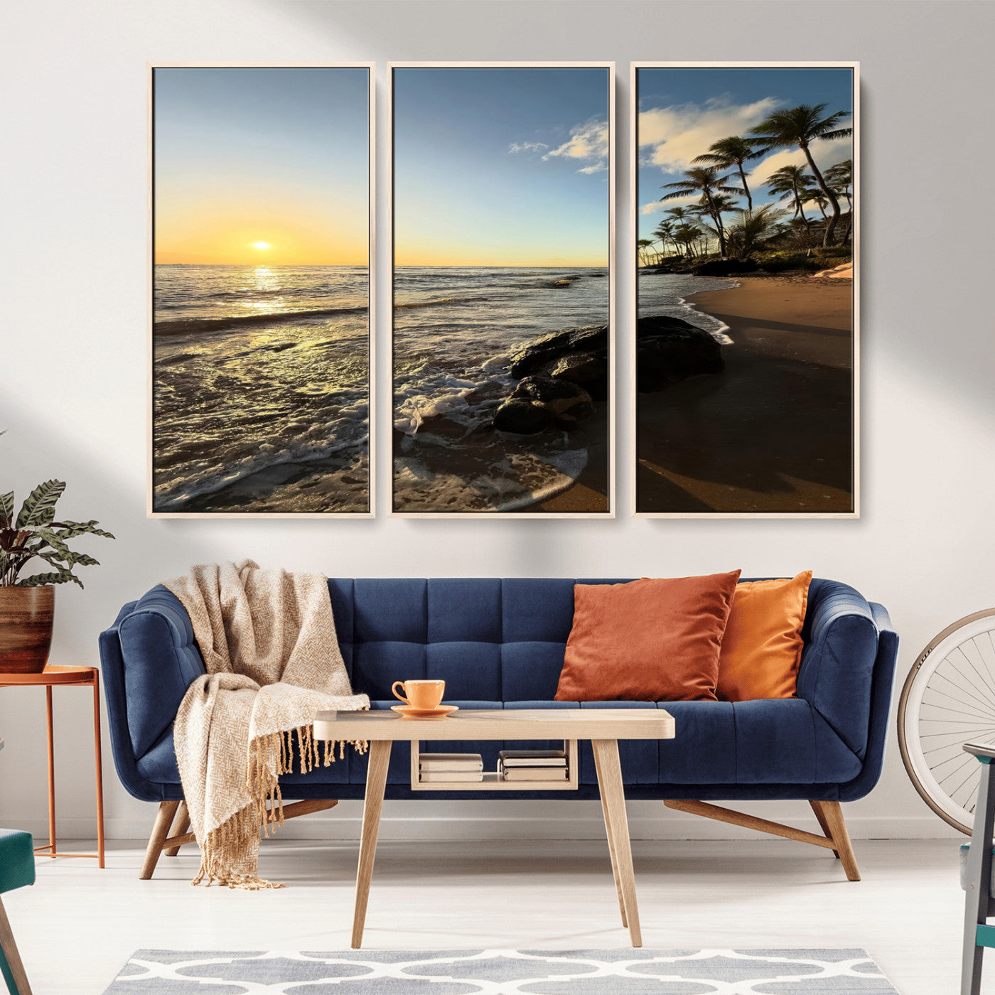 Canvas of a golden sunset on a tropical beach with palm trees and calm waves, perfect for coastal or island-themed home decor.