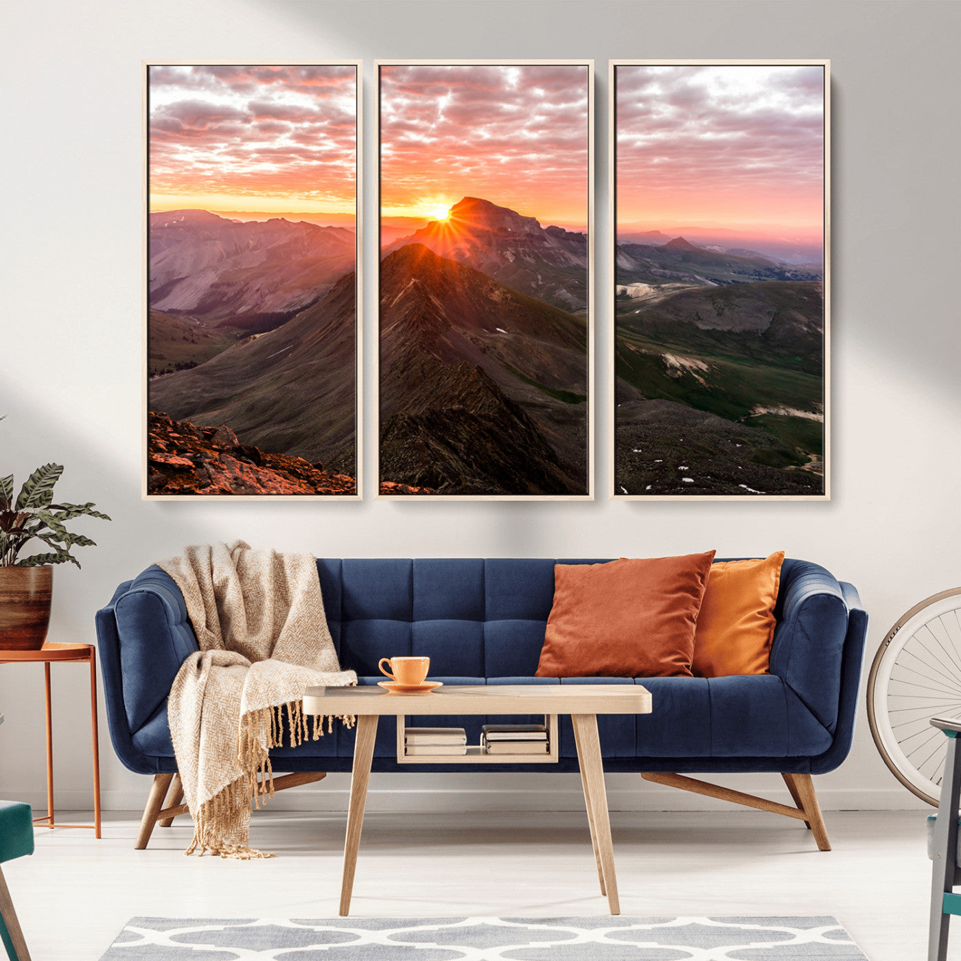 Canvas showing a mountain ridge at sunrise with golden light and dramatic clouds, perfect for nature or rustic-inspired wall decor.