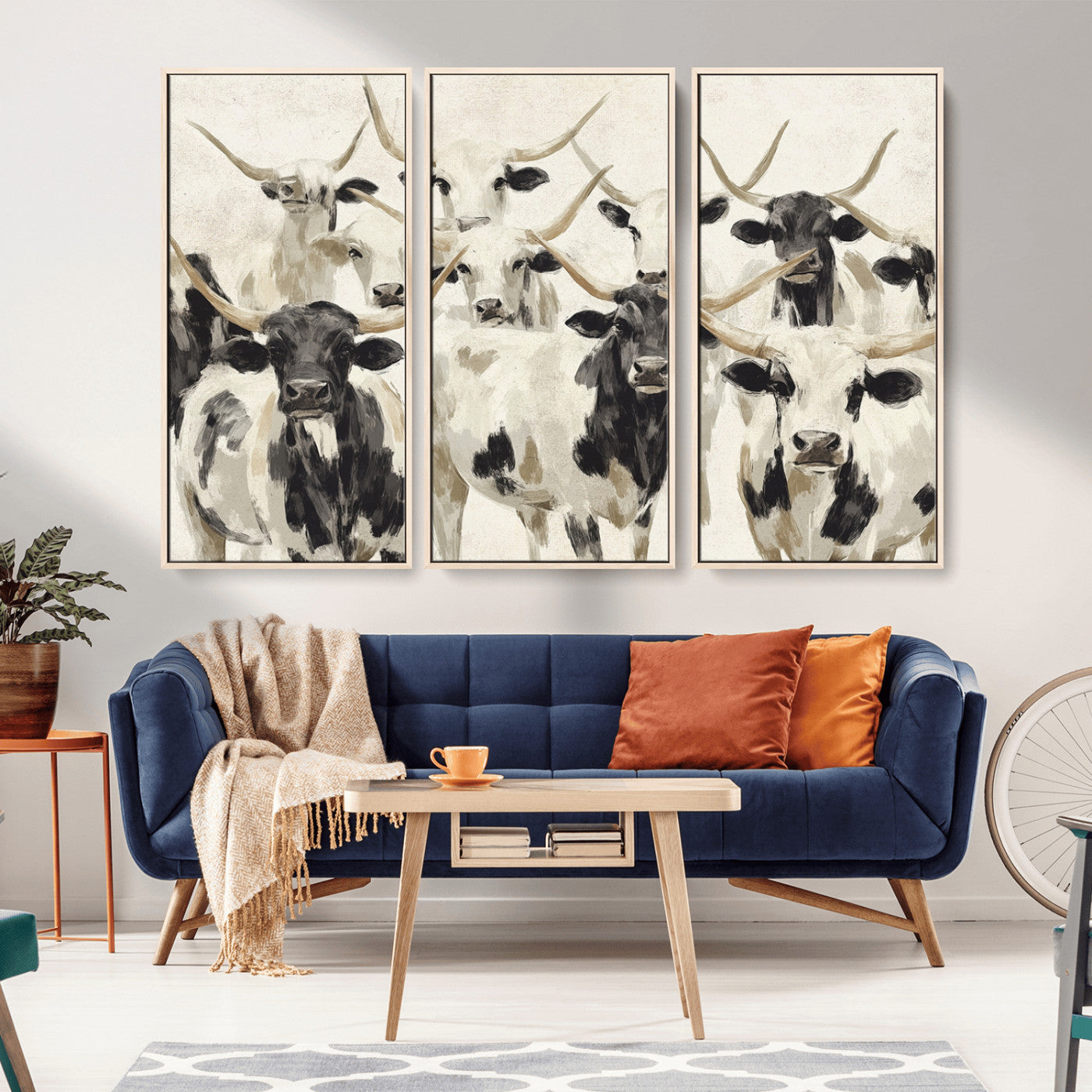 MGV-FC-48X32-3P - Longhorn Texas Cow Drawing Abstract Wall Art Canvas Print for Farmhouse Decor, Texas Bull Printing