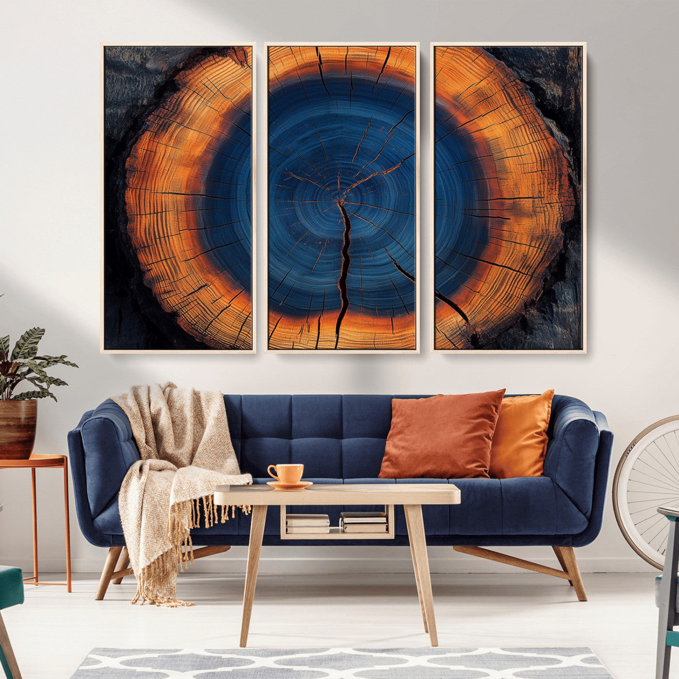 MGV-FC-48X32-3P - Abstract Tree Ring Wall Art Print, Natural Rustic Wood Texture Canvas Print, Framed Tree Ring Printing, Wood Tree Stump Artwork Canvas Print