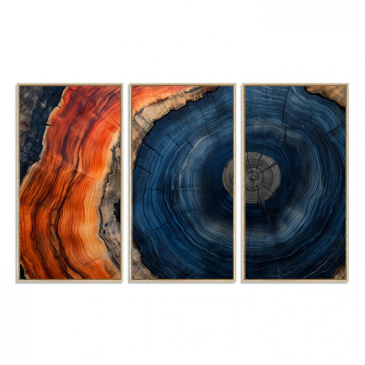 Abstract Tree Ring Wall Art Print on canvas featuring vibrant blue, orange, and brown rings with a natural rustic wood texture. Free shipping available!.