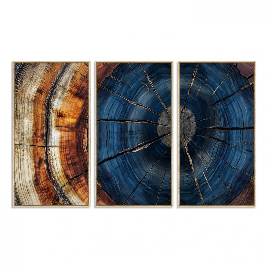 The Abstract Tree Rings Canvas Print features blue, brown, and orange rings that highlight wood grain and natures beauty.