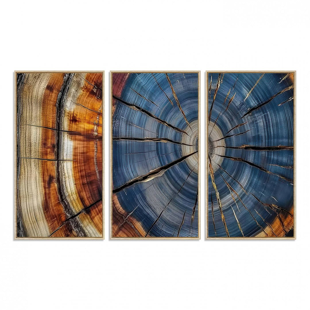 Close-up of blue, brown, and orange wood grain rings on the Abstract Tree Rings Canvas Wall Art Print.