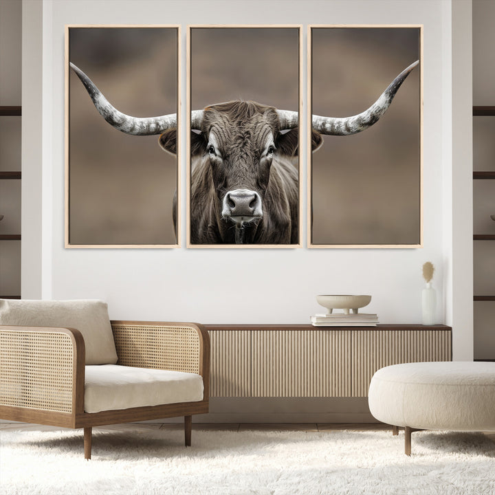 The Framed Texas Longhorn Bull Art Canvas Print adds timeless elegance to the serene setting.