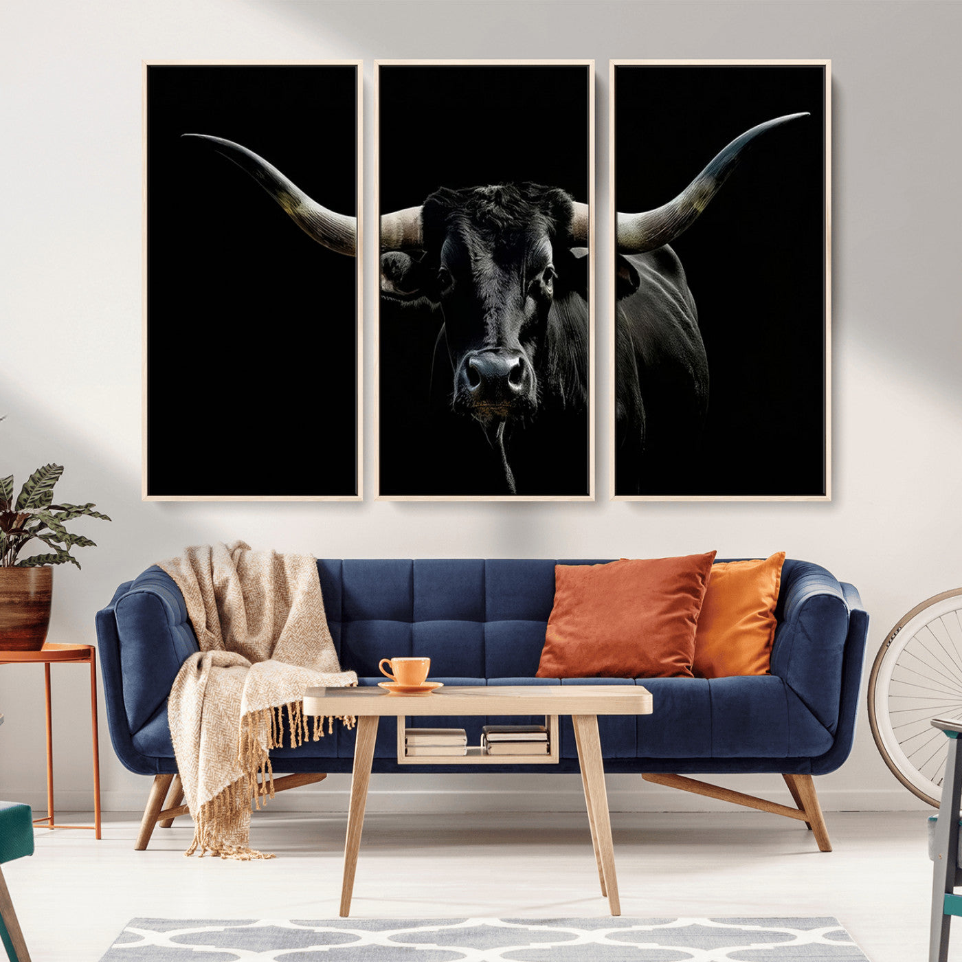 MGV-FC-48X32-3P - Texas Black Bull Wall Art Print, Longhorn Bull Canvas Wall Art