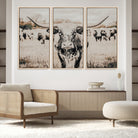 27497342-MGV-FC-48X32-3P_Natural-Texas Longhorn Wall Art Canvas Print, Framed Speckled Cow Art Picture Print, Horned Cattle Perfect Rustic Western Decor Artwork