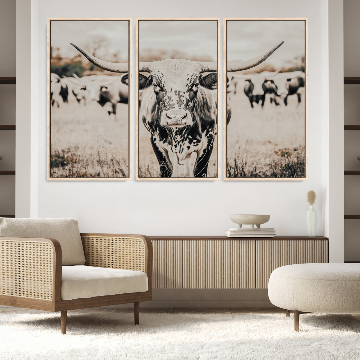 27497342-MGV-FC-48X32-3P_Natural-Texas Longhorn Wall Art Canvas Print, Framed Speckled Cow Art Picture Print, Horned Cattle Perfect Rustic Western Decor Artwork