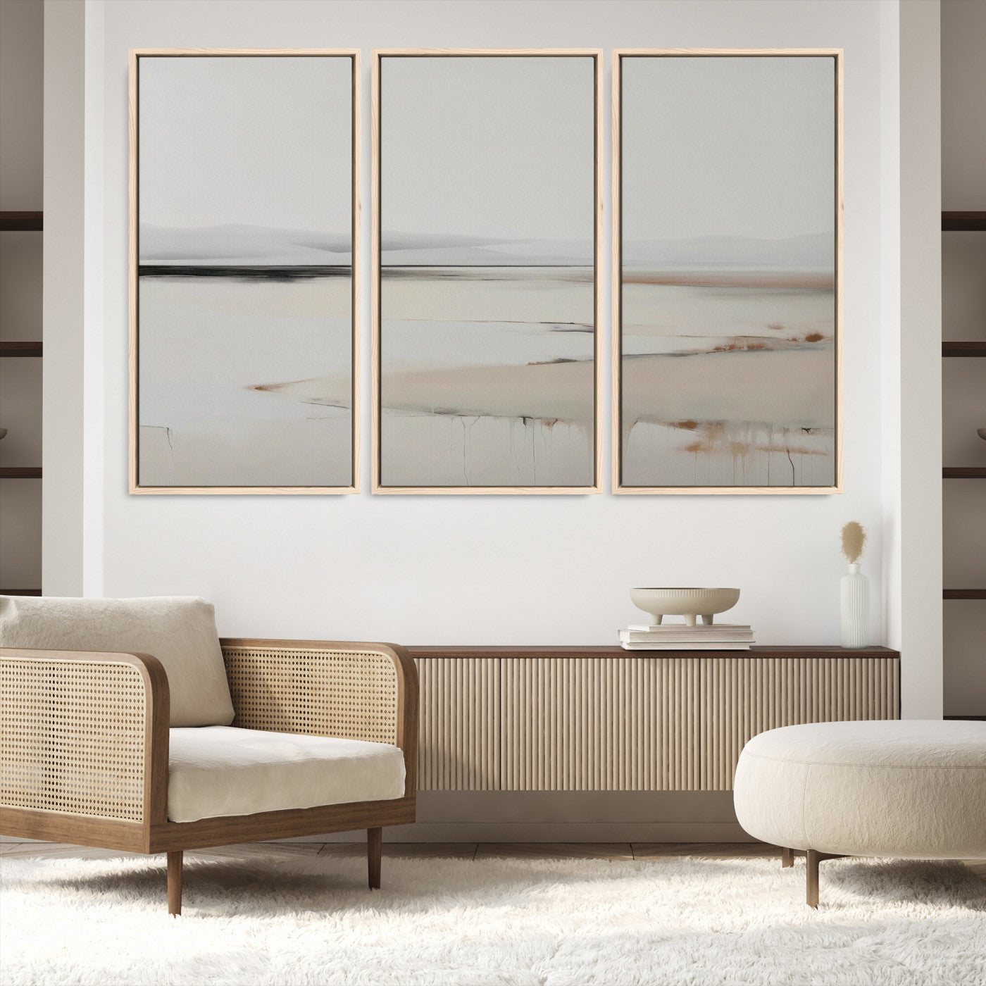89410095-MGV-FC-48X32-3P_Natural-Minimalist Landscape Wall Art Canvas Print, Framed Soft Horizon Art Picture Print, Abstract Seascape Perfect Minimalist Earthy Decor, Framed