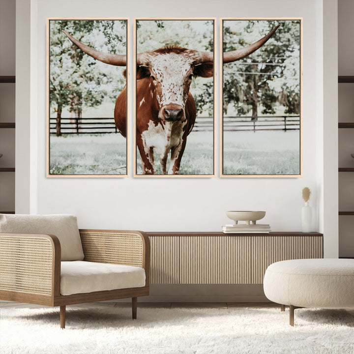 Texas Longhorn Wall Art Canvas Print, Framed Spotted Cow Art Picture Print, Horned Cattle Perfect Rustic Western Decor, Framed Horned Cattle Print