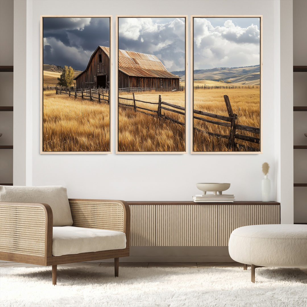 Canvas of a weathered wooden barn in a golden field under a dramatic sky, perfect for rustic or farmhouse-style wall decor.