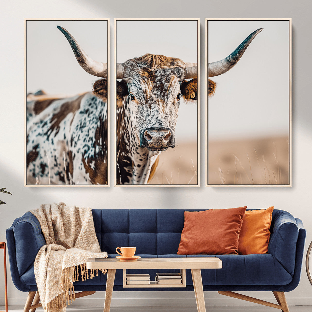 70414966-MGV-FC-48X32-3P - Majestic Longhorn Wall Art – Canvas Print of Strong Stance Intricate Fur & Sharp Horns Rustic Elegance & Timeless Wild Beauty Decor for Living Room, Office or Bedroom